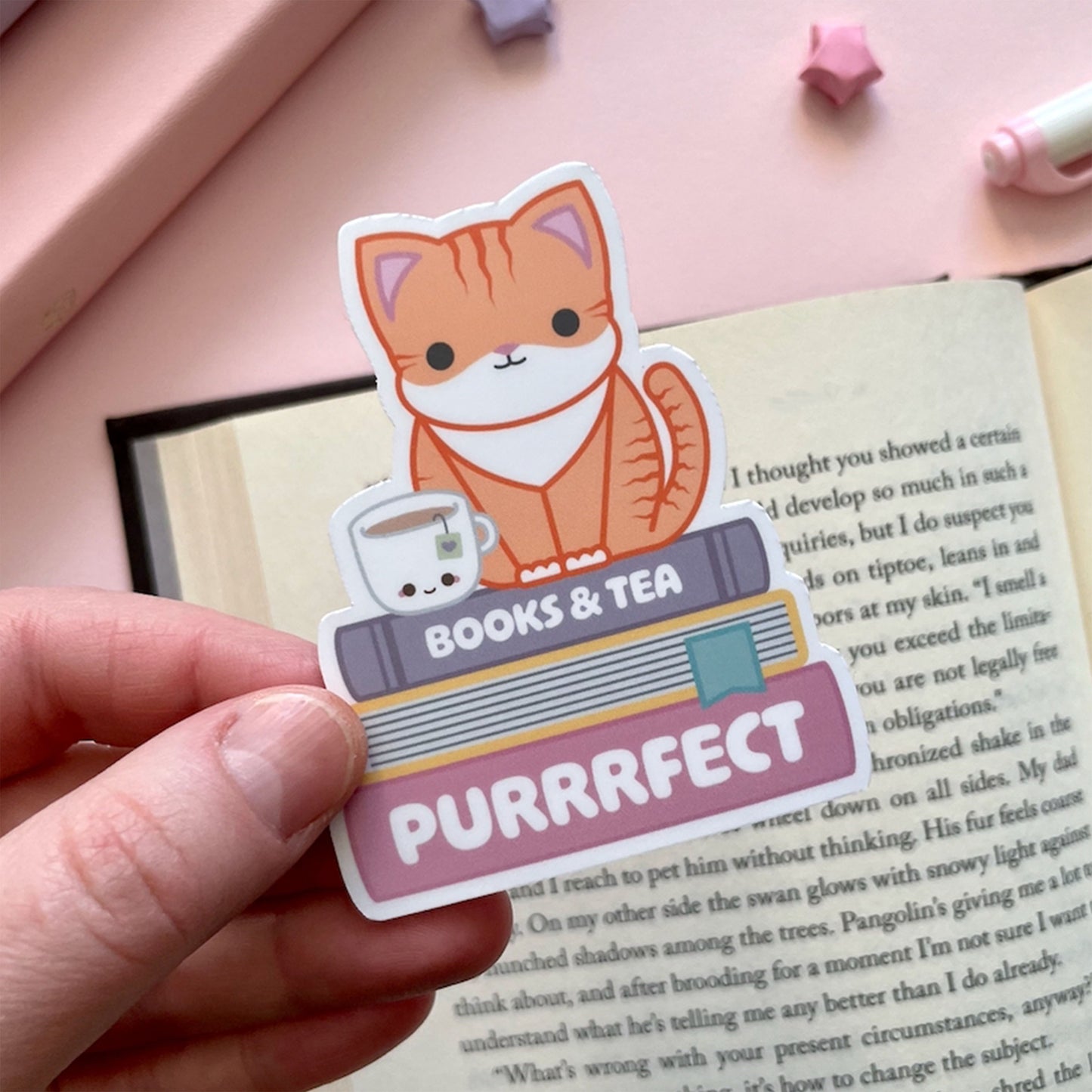 Purrrfect Books, Tea & Kitties Sticker - Die-cut 3" Sticker