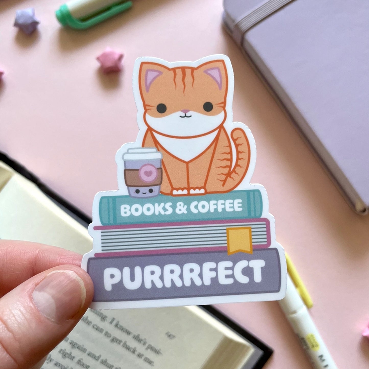 Purrrfect Books, Coffee & Kitties Sticker - Die-cut 3" Sticker