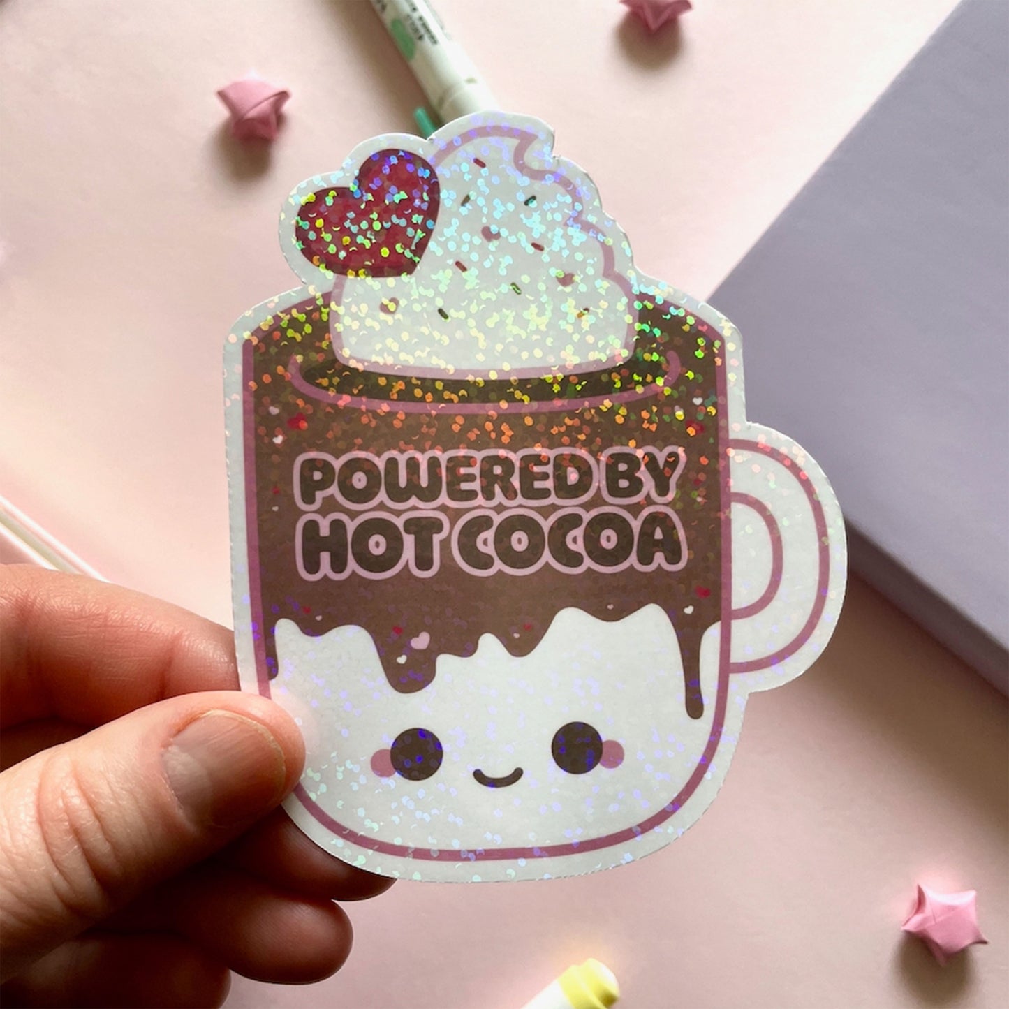 Powered by Hot Cocoa Sticker - Die-cut 4" Holographic Vinyl Sticker