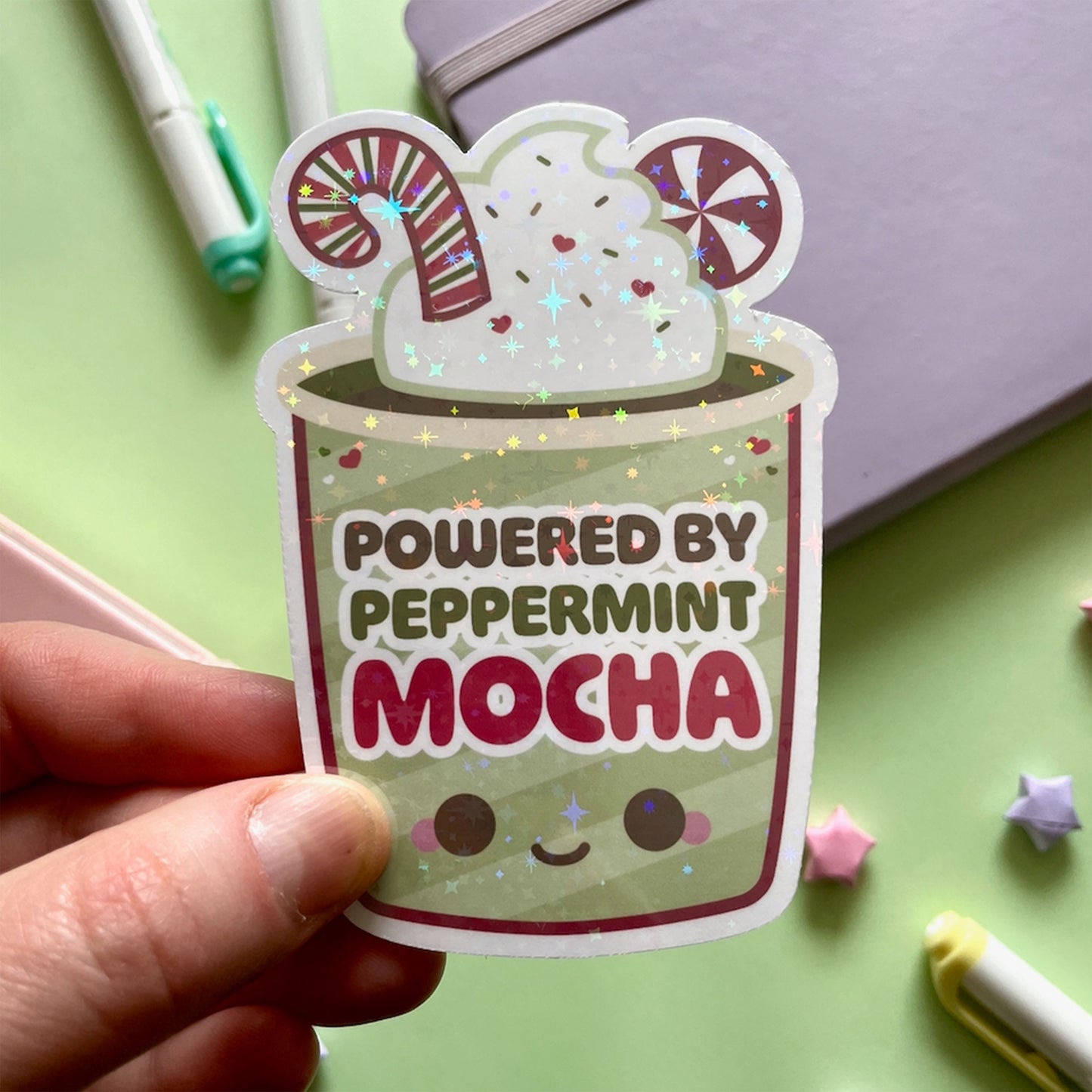 Powered by Peppermint Mocha Sticker - Die-cut 4" Holographic Vinyl Sticker